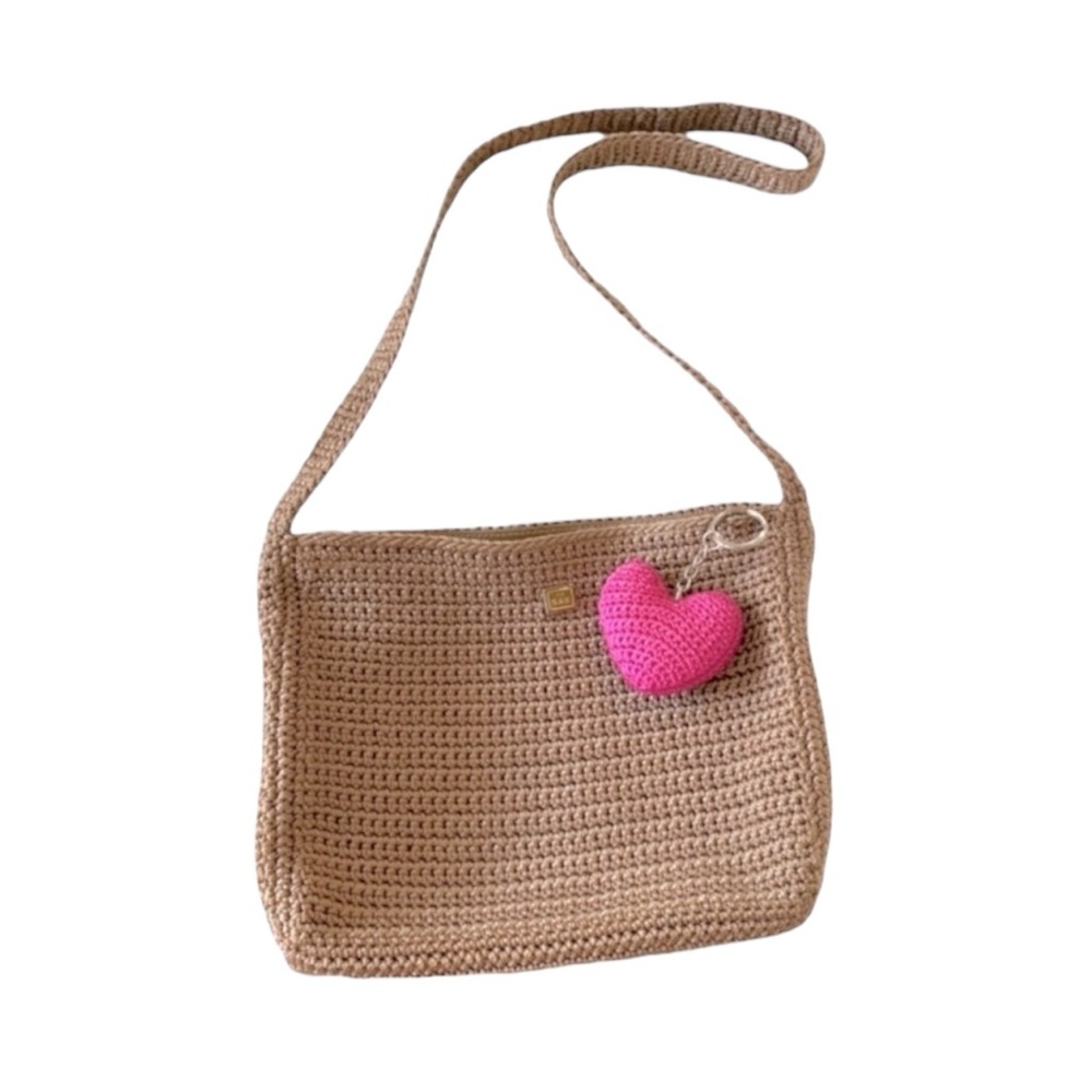 The Sak Crochet Crossbody Bag With Matching Heart Keychain - pink / tan
